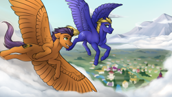 Size: 1915x1080 | Tagged: safe, artist:royvdhel-art, oc, oc only, pegasus, pony, duo, flying, male, outdoors, spread wings, stallion, wings