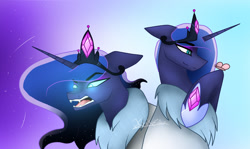 Size: 1413x841 | Tagged: safe, artist:krissograph, princess luna, alicorn, butterfly, pony, g4, alternate universe, angry, blue eyes, blue mane, clothes, coat, crown, ethereal mane, female, flowing mane, gem, glowing, glowing eyes, hoof shoes, horn, jewelry, open mouth, regalia, signature, simple background, smiling, solo, starry mane, teeth, two sides