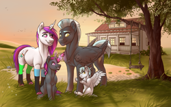 Size: 2296x1433 | Tagged: safe, artist:royvdhel-art, thunderlane, oc, oc:blacklight, oc:shock step, oc:snow leaf, pegasus, pony, unicorn, g4, building, family, female, horn, house, male, mare, offspring, outdoors, parent:oc:black light, parent:thunderlane, parents:canon x oc, pegasus oc, stallion, swing, tree, unicorn oc