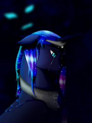 Size: 1280x1707 | Tagged: safe, artist:drawn-wolf, princess luna, alicorn, pony, black background, blue eyes, blue mane, collar, crown, crying, dark, digital art, ethereal mane, feather, female, folded wings, horn, jewelry, moonlight, night, regalia, sad, simple background, solo, starry mane, teary eyes, wings