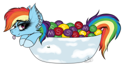 Size: 2103x1147 | Tagged: safe, artist:beamybutt, rainbow dash, pegasus, pony, g4, :p, candy, chocolate, cup, cup of pony, ear fluff, eyelashes, female, food, hilarious in hindsight, m&m's, mare, micro, pure unfiltered evil, simple background, skittles, solo, taste the rainbow, tongue out, transparent background