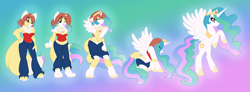 Size: 1500x550 | Tagged: safe, artist:akuoreo, princess celestia, oc, oc:garness, alicorn, pony, anthro, g4, character to character, dissolving clothes, eyes closed, female, furry, furry oc, furry to pony, gradient background, mare, transformation, transformation sequence