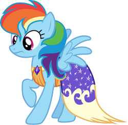 Size: 3000x2912 | Tagged: safe, artist:cloudy glow, rainbow dash, pegasus, pony, g4, make new friends but keep discord, .ai available, clothes, dress, female, gala dress, high res, mare, rainbow dash always dresses in style, raised hoof, simple background, solo, spread wings, transparent background, vector