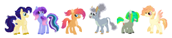 Size: 8000x1780 | Tagged: safe, artist:queenderpyturtle, oc, oc:beachcomber, oc:center stage, oc:huricane weathervane, oc:spoken song, oc:summer storm, oc:sunkissed citrus, earth pony, hybrid, mule, pegasus, pony, chubby, female, male, mare, plump, simple background, stallion, transparent background