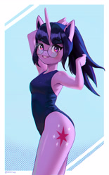 Size: 3000x4831 | Tagged: safe, artist:mrscroup, twilight sparkle, unicorn, anthro, adorasexy, clothes, cute, cutie mark, eyebrows, eyebrows visible through hair, female, glasses, grin, high res, high-cut clothing, horn, looking at you, meganekko, one-piece swimsuit, ponytail, round glasses, sexy, smiling, smiling at you, solo, swimsuit, unicorn twilight