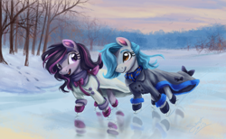 Size: 3375x2083 | Tagged: safe, artist:elisdoominika, oc, oc:sweet elis, earth pony, pony, clothes, coat, female, high res, ice, ice skates, ice skating, looking at each other, looking at someone, mare, scarf, scenery, sky, smiling, smiling at each other, snow, sunset