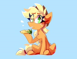 Size: 2819x2159 | Tagged: safe, artist:nekosnicker, applejack, earth pony, pony, g4, blue background, corn, eating, food, herbivore, high res, simple background, sitting, solo