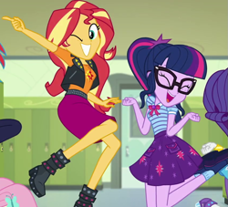 Size: 851x772 | Tagged: safe, screencap, fluttershy, rainbow dash, rarity, sci-twi, sunset shimmer, twilight sparkle, do it for the ponygram!, equestria girls, g4, my little pony equestria girls: better together, adorkable, boots, clothes, cropped, cute, cutie mark, cutie mark on clothes, dork, duo, duo focus, female, geode of empathy, geode of telekinesis, glasses, happy, high heel boots, jumping, magic skirt, magical geodes, miniskirt, moe, offscreen character, one eye closed, ponytail, pose, sci-twiabetes, selfie, shimmerbetes, shoes, skirt, socks, twiabetes, wink