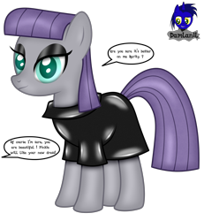 Size: 3840x4154 | Tagged: safe, artist:damlanil, maud pie, earth pony, pony, g4, clothes, comic, eyeshadow, female, implied rarity, latex, latex suit, makeup, mare, rubber, shiny, show accurate, simple background, smiling, solo, suit, text, transparent background, vector