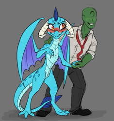 Size: 761x809 | Tagged: safe, artist:purple-blep, princess ember, oc, oc:anon, dragon, human, g4, blushing, dragoness, duo, duo male and female, female, gray background, hand on shoulder, holding hands, male, simple background, smiling