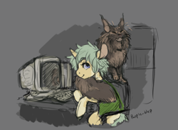 Size: 1242x903 | Tagged: safe, artist:purple-blep, oc, oc only, oc:keylime, cat, pony, unicorn, chair, computer, desk, looking back, simple background, solo