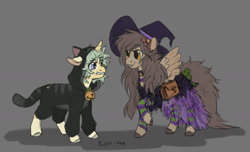Size: 1280x780 | Tagged: safe, artist:purple-blep, oc, oc only, oc:keylime, oc:paradise skies, cat, pegasus, pony, unicorn, bag, clothes, costume, duo, halloween, halloween costume, hat, holiday, looking at each other, looking at someone, saddle bag, simple background, witch costume, witch hat