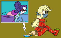 Size: 2009x1276 | Tagged: safe, artist:bugssonicx, applejack, rarity, human, equestria girls, g4, arm behind back, bondage, bound and gagged, bound wrists, cellphone, cloth gag, clothes, drawing, female, footed sleeper, footie pajamas, gag, glasses, glasses rarity, nightgown, onesie, over the nose gag, pajamas, phone, phone call, ponytail, rope, rope bondage, smartphone, sweat, sweatdrop, tied up, tongue out, vibrating