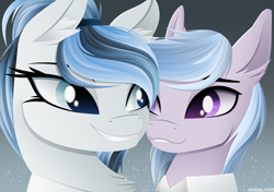 Size: 2733x1926 | Tagged: safe, artist:andaluce, oc, oc only, oc:haze northfleet, oc:winter azure, pony, bust, chest fluff, clothes, colt, cute, eyelashes, female, femboy, foal, gradient background, lineless, male, mare, ocbetes, smiling, solo, trap