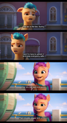 Size: 1596x2912 | Tagged: safe, edit, edited screencap, screencap, hitch trailblazer, sunny starscout, earth pony, pony, g5, my little pony: a new generation, bag, building, comic, english, english subtitles, female, hoof pointing, male, mare, maretime bay, saddle bag, screencap comic, semantics, stallion, subtitles