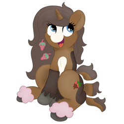 Size: 2000x2000 | Tagged: safe, artist:pony-thunder, oc, oc only, oc:strawberry cocoa, monster pony, pony, unicorn, 2022 community collab, derpibooru community collaboration, accessories, ankle bracelet, blaze (coat marking), blue eyes, brown coat, coat markings, colored, colored hooves, digital art, eyelashes, facial markings, female, food, happy, high res, hoof ring, horn, lighter underbelly, long mane, looking forward, mare, open mouth, segmented tail, simple background, sitting, solo, strawberry, tail, tongue out, transparent background, two toned coat, unicorn oc, unshorn fetlocks