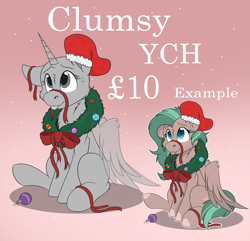 Size: 2528x2436 | Tagged: safe, artist:rokosmith26, oc, oc only, pegasus, pony, advertisement, bow, cheek fluff, christmas, christmas stocking, christmas wreath, commission, commission info, description is relevant, female, floppy ears, high res, holiday, horn, looking up, mare, one ear down, pegasus oc, raised hoof, ribbon, simple background, sitting, smiling, solo, spread wings, sweat, sweatdrop, text, tongue out, wings, wreath, ych example, your character here