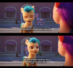 Size: 1600x1492 | Tagged: safe, edit, edited screencap, screencap, hitch trailblazer, sunny starscout, earth pony, pony, g5, my little pony: a new generation, awning, building, comic, english, english subtitles, false, female, male, mare, maretime bay, road, screencap comic, stallion, street, subtitles, wrong