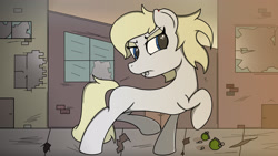 Size: 2560x1440 | Tagged: safe, artist:straighttothepointstudio, oc, oc only, oc:brioche, earth pony, pony, fallout equestria, angry, blonde hair, blood, blue eyes, brick, building, colored, digital art, fallout, grenade, sidewalk, solo, window