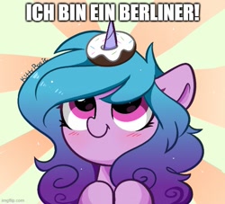 Size: 551x500 | Tagged: safe, artist:kittyrosie, edit, izzy moonbow, pony, unicorn, g5, my little pony: a new generation, caption, cute, donut, food, german, horn, horn impalement, i am a jelly donut, ich bin ein berliner, image macro, izzybetes, john f. kennedy, meme, solo, text, the uses of unicorn horns, translated in the comments
