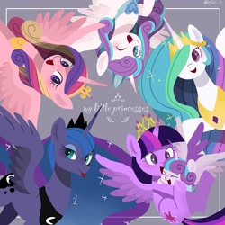 Size: 2043x2043 | Tagged: safe, artist:efuji_d, princess cadance, princess celestia, princess flurry heart, princess luna, twilight sparkle, alicorn, pony, alicorn pentarchy, alicorns only, baby flurry heart, baby ponidox, crown, cute, cutedance, cutelestia, eyes closed, female, flurrybetes, high res, holding a pony, jewelry, looking at you, lunabetes, mare, my little x, older, older flurry heart, one eye closed, princess, regalia, self paradox, self ponidox, smiling, spread wings, time paradox, tongue out, twiabetes, twilight sparkle (alicorn), upside down, wings, wink, winking at you