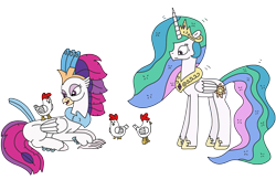 Size: 3131x2039 | Tagged: safe, artist:supahdonarudo, princess celestia, queen novo, alicorn, bird, chicken, classical hippogriff, hippogriff, pony, series:novoember, between dark and dawn, g4, my little pony: the movie, alektorophobia, fear, high res, lying down, prone, shaking, simple background, that princess sure is afraid of chickens, transparent background