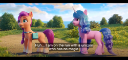 Size: 1600x750 | Tagged: safe, edit, edited screencap, screencap, izzy moonbow, sunny starscout, earth pony, pony, unicorn, g5, my little pony: a new generation, bag, english, english subtitles, female, grass, mare, outdoors, road, saddle bag, sky, subtitles, tree