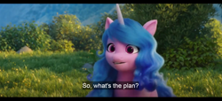 Size: 1592x724 | Tagged: safe, edit, edited screencap, screencap, izzy moonbow, pony, unicorn, g5, my little pony: a new generation, bush, english, english subtitles, female, grass, mare, outdoors, solo, subtitles