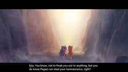 Size: 1600x900 | Tagged: safe, edit, edited screencap, screencap, izzy moonbow, sunny starscout, earth pony, pony, unicorn, g5, my little pony: a new generation, cliff, english, female, fog, mare, text