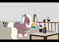 Size: 4092x2893 | Tagged: safe, alternate version, artist:syntiset, oc, oc only, oc:sunrise roast, pony, unicorn, alcohol, commission, ears, female, floppy ears, full body, glowing, glowing eyes, horn, jack daniels, licking, licking lips, sofa bed, solo, table, tail, tongue out, underhoof, wall, whiskey, ych result