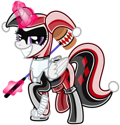 Size: 3520x3670 | Tagged: safe, artist:severity-gray, twilight sparkle, alicorn, pony, g4, clothes, dc comics, evil smile, female, gloves, glowing, glowing horn, grin, hammer, harley quinn, high res, horn, jester, latex, latex gloves, latex socks, latex suit, levitation, looking at you, magic, magic aura, makeup, mallet, mare, smiling, smiling at you, socks, solo, standing on two hooves, telekinesis, twilight sparkle (alicorn), voice actor joke
