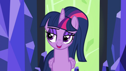 Size: 1280x720 | Tagged: safe, edit, edited screencap, editor:severity-gray, screencap, twilight sparkle, alicorn, pony, g4, alternate hairstyle, bedroom eyes, eyeshadow, female, makeup, makeup edit, mare, open mouth, open smile, ponytail, smiling, solo, twilight sparkle (alicorn)