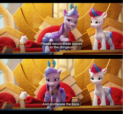 Size: 1600x1476 | Tagged: safe, edit, edited screencap, screencap, cloudpuff, queen haven, zipp storm, dog, pegasus, pomeranian, pony, g5, my little pony: a new generation, spoiler:my little pony: a new generation, comic, crown, english, english subtitles, female, jewelry, mare, regalia, screencap comic, subtitles, throne, throne room