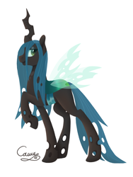 Size: 1200x1600 | Tagged: safe, artist:sugarponypie, queen chrysalis, changeling, changeling queen, g4, female, lidded eyes, looking at you, profile, raised hoof, simple background, smiling, solo, spread wings, white background, wings