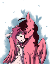 Size: 1024x1315 | Tagged: safe, artist:snowolive, oc, oc only, pegasus, pony, abstract background, chest fluff, duo, eyes closed, female, floppy ears, heart, hug, lesbian, mare, oc x oc, shipping, simple background, sitting, smiling, transparent background, winghug, wings