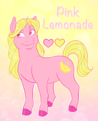 Size: 1280x1586 | Tagged: safe, artist:goldypirate, oc, oc only, oc:pink lemonade, earth pony, pony, abstract background, cutie mark, female, food, heart, lemon, mare, ponysona, solo