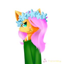 Size: 1024x1024 | Tagged: safe, artist:myralilth, artist:snowolive, fluttershy, cat, anthro, g4, catified, clothes, collaboration, female, floral head wreath, flower, fluttercat, hair over one eye, looking at you, off shoulder, off shoulder sweater, simple background, solo, species swap, sweater, sweatershy, transparent background