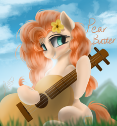 Size: 1244x1342 | Tagged: safe, artist:fluttersheeeee, pear butter, earth pony, pony, g4, blushing, cutie mark, female, flower, flower in hair, guitar, looking sideways, mare, musical instrument, sitting, smiling, solo
