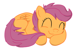 Size: 1223x820 | Tagged: safe, artist:twodeepony, scootaloo, pegasus, pony, g4, ^^, curled up, cute, cutealoo, daaaaaaaaaaaw, eyes closed, female, filly, folded wings, simple background, sleeping, smiling, solo, tail, transparent background, weapons-grade cute, wings