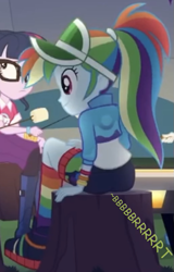 Size: 461x720 | Tagged: source needed, safe, edit, edited screencap, editor:thedarkpony, screencap, rainbow dash, sci-twi, twilight sparkle, equestria girls, g4, clothes, cropped, fart, fart edit, fart noise, female, onomatopoeia, shorts, sitting, sound effects