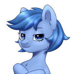 Size: 1024x1024 | Tagged: oc name needed, safe, artist:niia56, oc, oc only, pony, crossed hooves, ear fluff, eyebrows, eyebrows visible through hair, eyelashes, female, freckles, lidded eyes, looking at you, mare, simple background, solo, white background