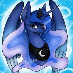 Size: 2000x2000 | Tagged: safe, artist:krissograph, princess luna, alicorn, pony, g4, abstract background, big ears, bust, ethereal mane, eyebrows, eyebrows visible through hair, female, high res, jewelry, looking at you, mare, regalia, solo, starry mane