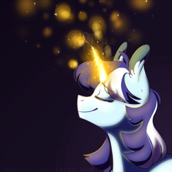 Size: 1024x1024 | Tagged: safe, artist:snowolive, oc, oc only, pony, unicorn, bust, ear fluff, eyes closed, female, glowing, glowing horn, gradient background, heart, horn, mare, smiling, solo