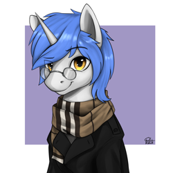 Size: 2820x2820 | Tagged: safe, artist:printik, oc, oc only, oc:silver rope, pony, unicorn, abstract background, clothes, coat, commission, eye clipping through hair, glasses, high res, looking at you, male, raised eyebrow, scarf, smiling, solo, stallion