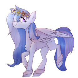 Size: 1024x1014 | Tagged: safe, artist:amyszek, oc, oc only, pegasus, pony, art trade, chest fluff, female, floral head wreath, flower, leg wraps, mare, simple background, smiling, solo, transparent background