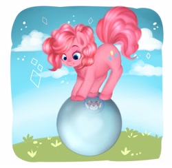 Size: 3679x3584 | Tagged: safe, artist:misucats, pinkie pie, earth pony, pony, g4, ball, cute, cutie mark, diapinkes, female, high res, mare, obtrusive watermark, smiling, solo, watermark