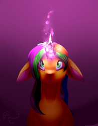 Size: 992x1275 | Tagged: safe, artist:fixielle, oc, oc only, oc:magic elements, pony, unicorn, dark magic, female, floppy ears, glowing, glowing horn, gradient background, horn, magic, mare, redraw, solo