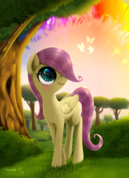 Size: 3250x4500 | Tagged: safe, artist:darksly, fluttershy, butterfly, pegasus, pony, g4, season 1, the cutie mark chronicles, blank flank, bush, cute, eye reflection, female, filly, filly fluttershy, folded wings, grass, hair over one eye, high res, looking at something, looking up, outdoors, reflection, scene interpretation, shyabetes, smiling, solo, sonic rainboom, standing, three quarter view, tree, turned head, wings, younger