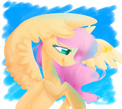 Size: 1024x917 | Tagged: safe, artist:snowolive, fluttershy, pegasus, pony, g4, abstract background, bust, female, looking away, looking down, mare, profile, simple background, smiling, solo, spread wings, transparent background, wings