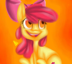 Size: 1024x917 | Tagged: safe, artist:snowolive, apple bloom, earth pony, pony, g4, abstract background, cutie mark, female, filly, one layer, open mouth, sitting, smiling, solo